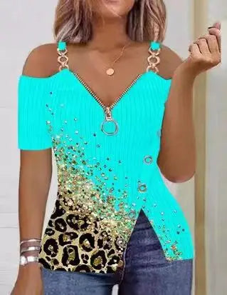 Blusas Para Mujer Print Zip Detail Split Hem Shoulder Top Women Short Sleeve Spring Summer T Shirt Tops Blouse Women Clothing