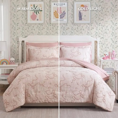 Blush Pink Comforter Set - 7 Piece Shabby Chic Bedding with 3D Bowknot Design & Soft Fabric
