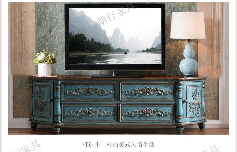 Traditional Birch Wood Media Console with 4 Drawers & Cabinets - Stylish Storage Solution
