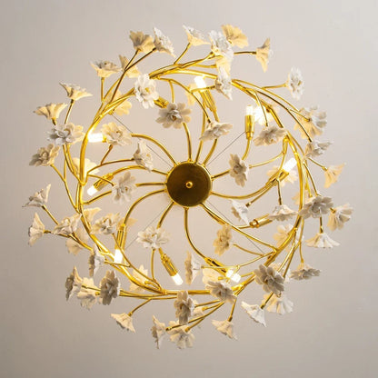 Gold Crystal Chandelier - Elegant Luxury Light Fixture with White Flower Design, 60cm & 80cm Sizes