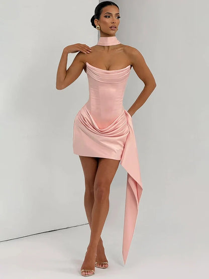 XIAOTANG Off-shoulder Strapless Sexy Mini Dress Women Elegant Sleeveless Backless High Waist Draped Ruched Club Party Dresses