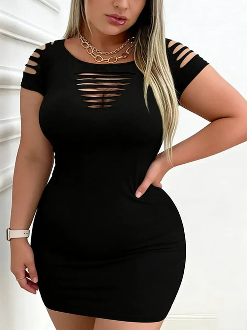 Plus Size Women Dress Short Sleeve Cutout Slit Ribbed Bodycon Mini Dress Edgy Sexy Spring Summer Party Chic Daily Stretchy Dress
