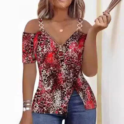 Blusas Para Mujer Print Zip Detail Split Hem Shoulder Top Women Short Sleeve Spring Summer T Shirt Tops Blouse Women Clothing