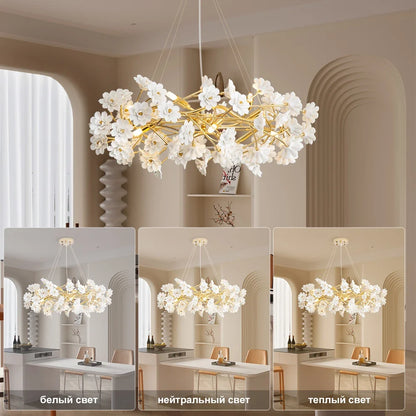 Gold Crystal Chandelier - Elegant Luxury Light Fixture with White Flower Design, 60cm & 80cm Sizes