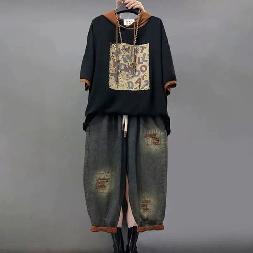 Jeans Set Women Denim Pants Two Piece Set 2025 New Loose Plus size Casual Suit Female Fashion Hooded Printed Jeans Sets