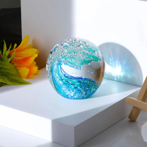 Hand-Blown Glass Paperweight - Unique Ocean Wave Design in Green & Sky Blue, 8cm Decor