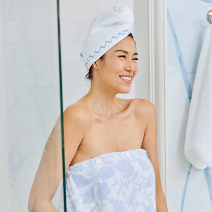 Weezie Hair Towel, Blue Embroidered Wave