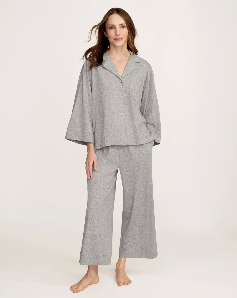 Petite Plume Olivia Wide Leg Pima Pajama Set in Heather Grey
