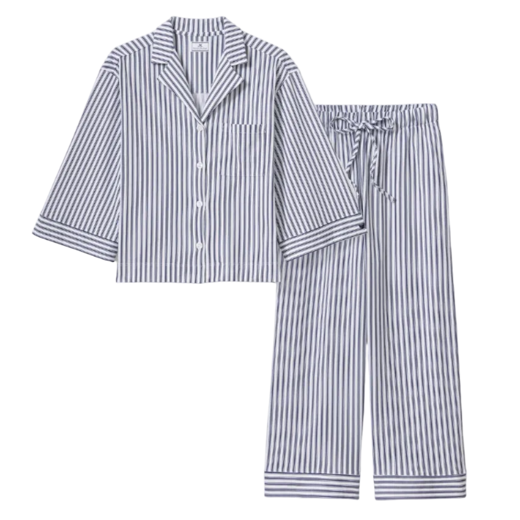 Petite Plume Olivia Wide Leg Pima Pajama Set in Navy Ticking Stripe