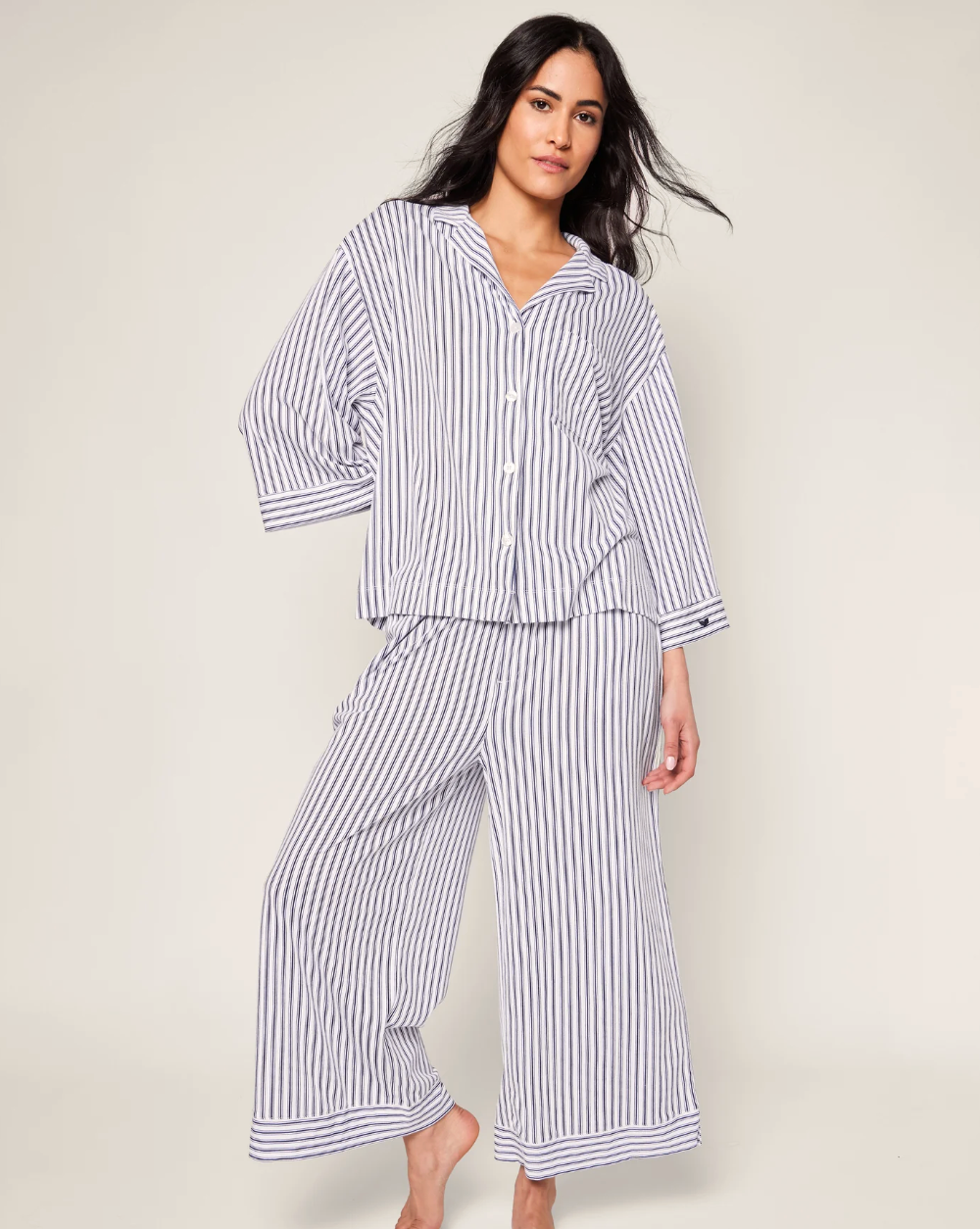 Petite Plume Olivia Wide Leg Pima Pajama Set in Navy Ticking Stripe