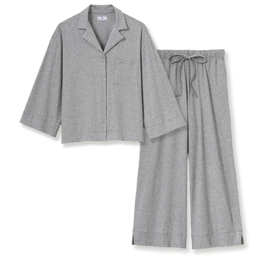 Petite Plume Olivia Wide Leg Pima Pajama Set in Heather Grey