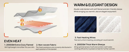 Cozy Flannel Sherpa Electric Blanket with 6 Heat Settings & Foot Pocket for Ultimate Comfort