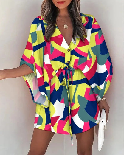 Women Print Dress Sexy V-Neck Bat Sleeve Ruffl Flowers Print Bohemian Beach Sundress Ladies Loose Summer Vacation Mini Dresses