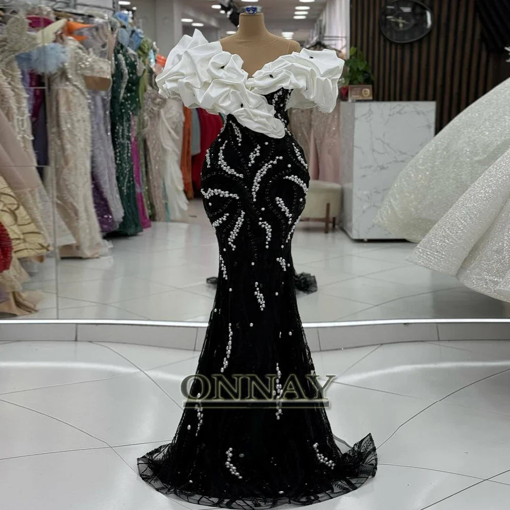 Customized Luxury Dubai Prom Dresses Off Shoulder for Women Pearls Saudi Arabia Gala Bespoke Party Gown Vestidos De Fiesta Plus