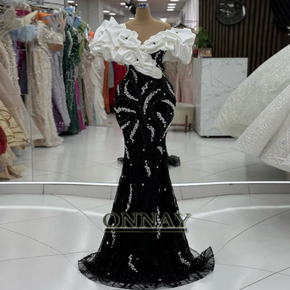 Customized Luxury Dubai Prom Dresses Off Shoulder for Women Pearls Saudi Arabia Gala Bespoke Party Gown Vestidos De Fiesta Plus