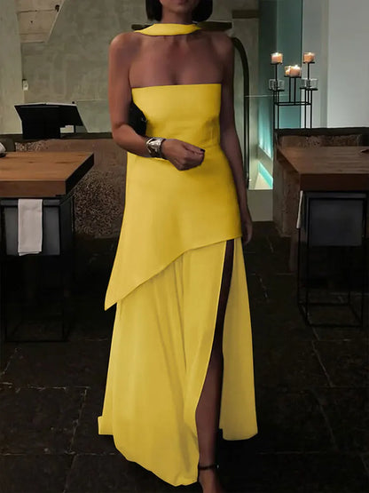 Summer New Women Dresses Streetwear Fashion Ribbon Zippers Split Maxi Dress Solid Sexy Sleeveless Strapless Lady Dress Clothing