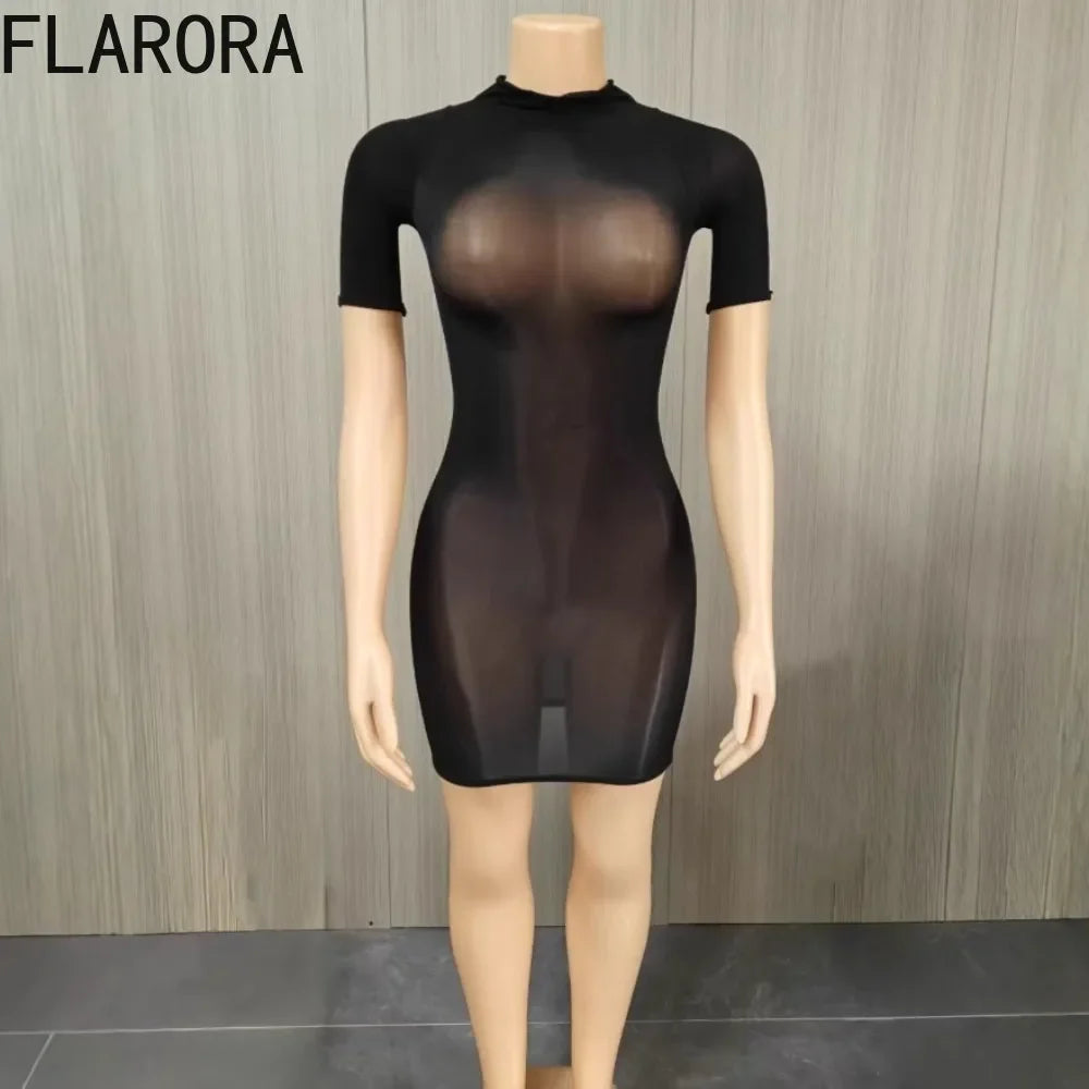 FLARORA Sexy See Through Mini Dress Woman Solid Color O-Neck Short Sleeves Skinny Peach Hip Elastic Clubwear Midnight Bodycon