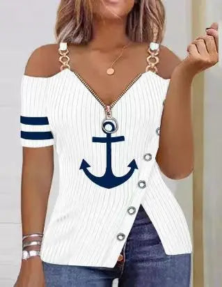 Blusas Para Mujer Print Zip Detail Split Hem Shoulder Top Women Short Sleeve Spring Summer T Shirt Tops Blouse Women Clothing