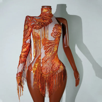 NEW womens bodysuit Sexy Leopard sequin tassels High Collar Bodycon team performance pole dance drag queen outfit singer stage