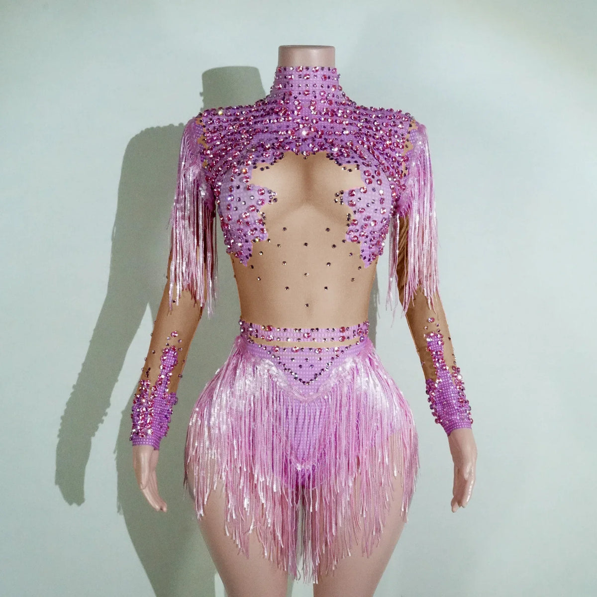 NEW womens bodysuit Sexy Leopard sequin tassels High Collar Bodycon team performance pole dance drag queen outfit singer stage