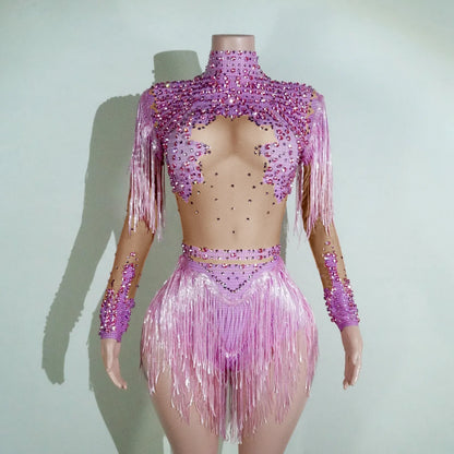 NEW womens bodysuit Sexy Leopard sequin tassels High Collar Bodycon team performance pole dance drag queen outfit singer stage