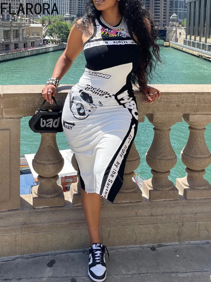 FLARORA Fashion Y2k Letter Print Bodycon Dresse Woman Round Neck Sleeveless Slim Fit Dress Female Streetwear Vestidos Summer New