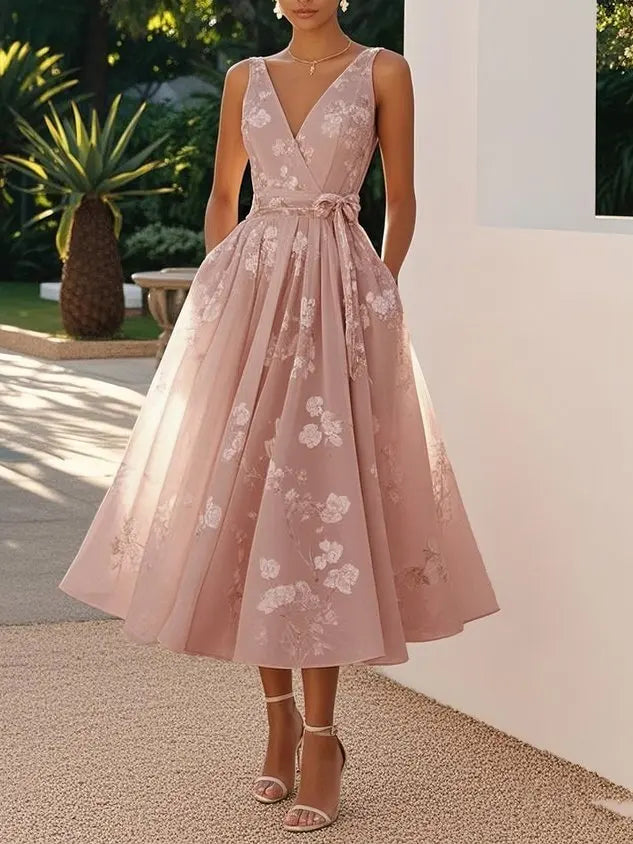 Summer Elegant Evening Party Dress 2025 Sexy V-neck Sleeveless Lace-up Chic Pleated Dresses Boho Womens A-Line Prom Dress Robe