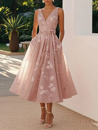 Summer Elegant Evening Party Dress 2025 Sexy V-neck Sleeveless Lace-up Chic Pleated Dresses Boho Womens A-Line Prom Dress Robe
