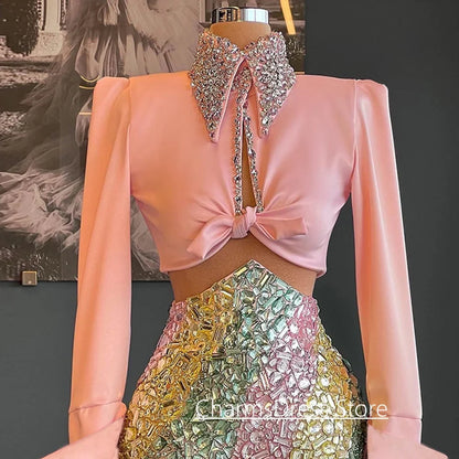 Exquisite Evening Dress Customized High Neck Long Sleeves Crystal Stone Two Piece Cocktail Party Gown Prom Dresses