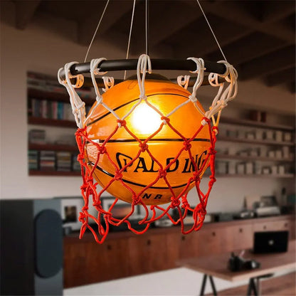 Retro Basketball Light Fixture – Industrial Style LED Hanging Lamp in Orange and Black for Man Cave