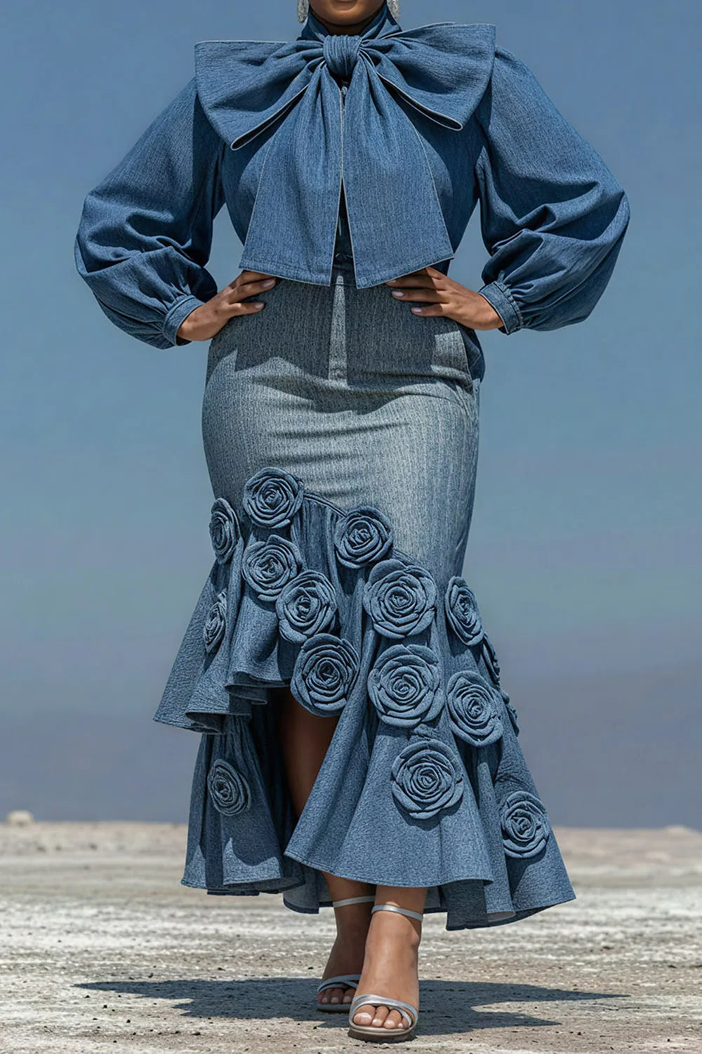 Plus Size Cocktail Party Blue Puff Sleeve Long Sleeve Bodycon Elegant Bow Tie Denim Two Piece Skirt Sets