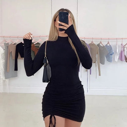 New Dresses 2025 Woman Fashion Summer Elegant Lace Up Dress Solid Pleated Slim Fit Party Bodycon Female Sexy Mini Skirt