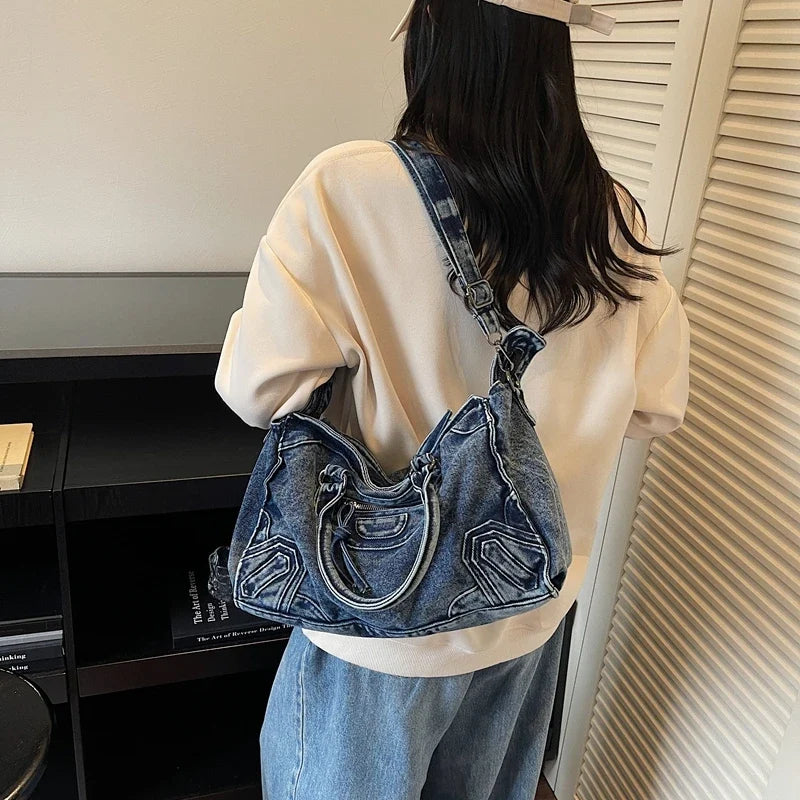 Large Capacity Women Denim Handbags Tote Bags High Quality Ladies Solid Shoulder Messenger Bags Casual Female Big Crossbody Bags
