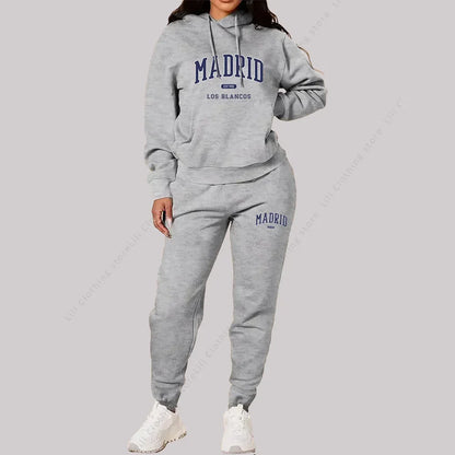 New Ladies TrackSuit Autumn Winter Hoodies Sweatshirts Sweatpants 2 Piece Outfits Madrid Print Trend Sportwear Women Pants Sets