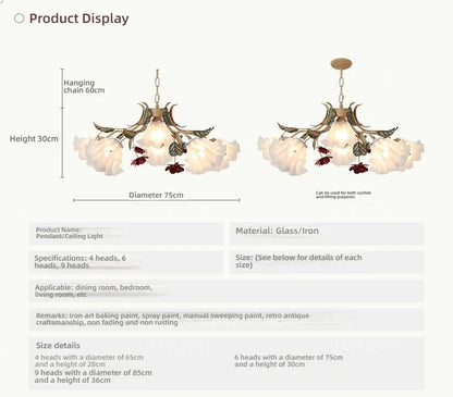 Floral Chandelier with Red Rose Accents, Golden Vines & LED Lights - 4/6/9 Heads