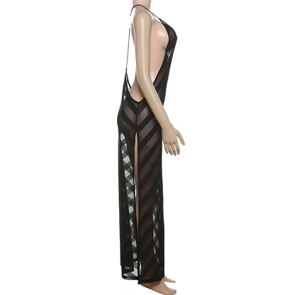 Mesh See Through Sexy Halter Party Club Maxi Split Dress Outfits Women Summer Sleeveless Backless Bodycon Long Dresses Vestido