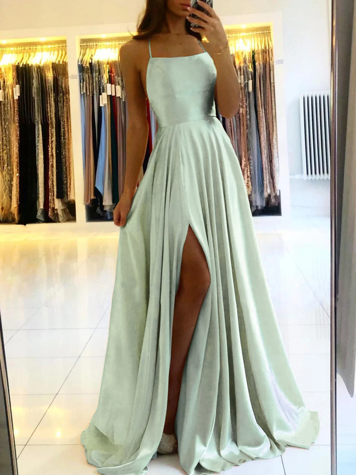 MisShow Satin Cowl Neck Tie Straps Maxi Women Summer Dresses Sexy High Slit Bridesmaid Evening Prom Party Dress for Night out