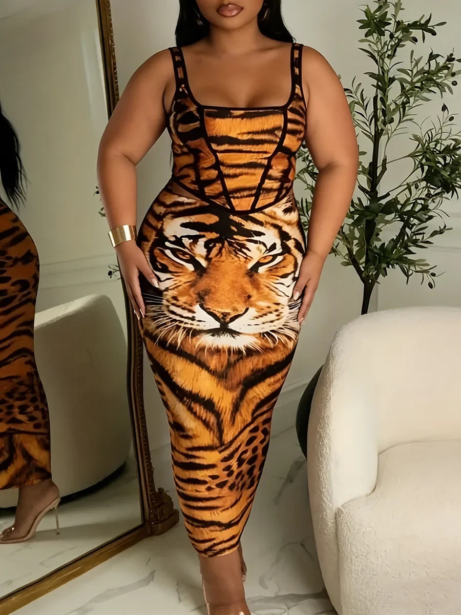 Plus Size Women's Dress Square Neck Spaghetti Strap Tiger Print Corset Bodycon Midi Dress Wild Sexy Spring Summer Party Stretchy