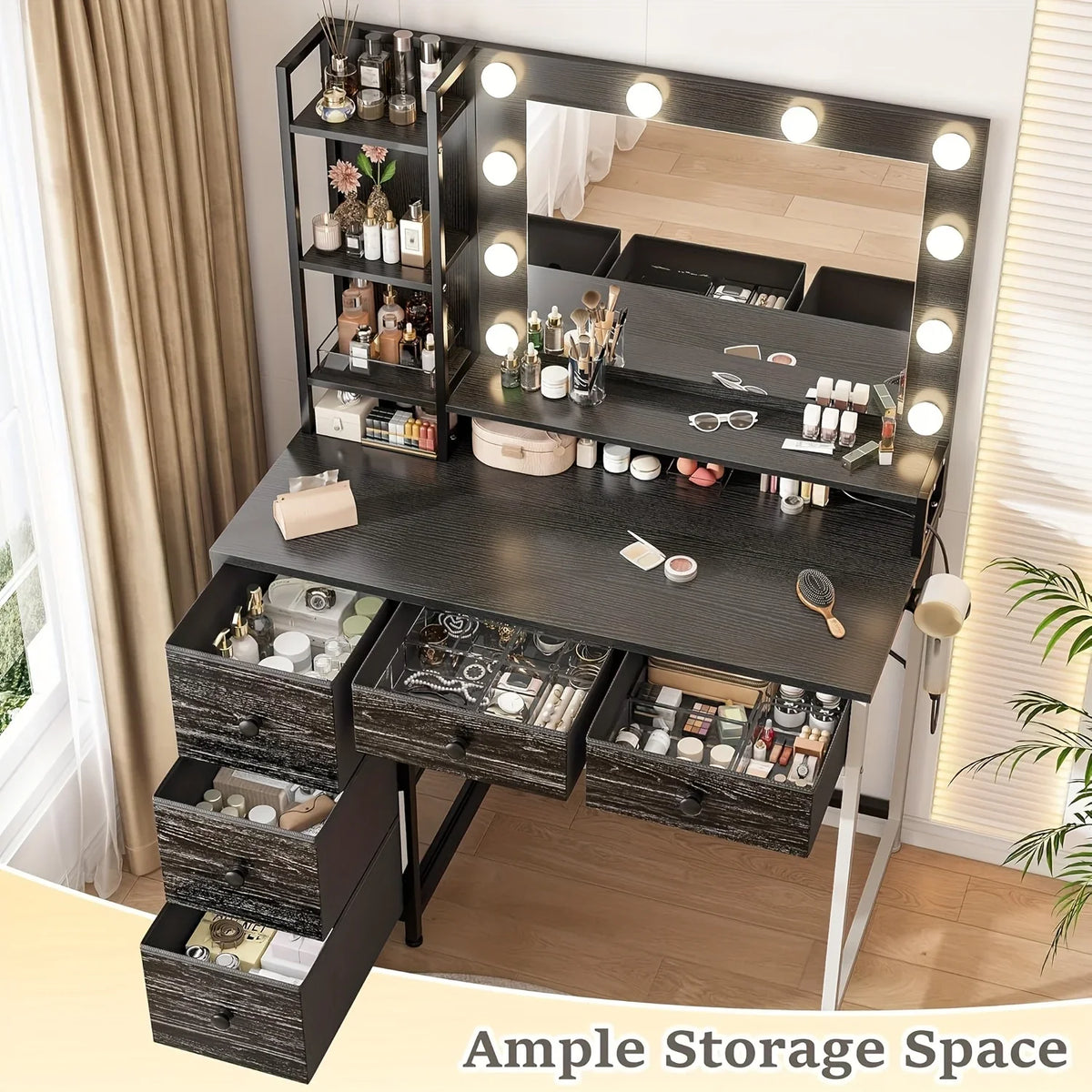 Black LED Vanity with 3-Color Lighting, 2 USB Ports, 5 Drawers & Hair Dryer Rack