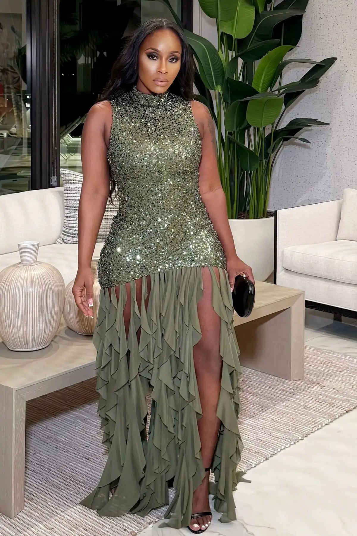 HLJ Sexy Sequin Patchwork Bodycon Dresses for Woman Mesh Shining Sleeveless Ruffle Dress Female Party Clubwear Vestidos 2025 New