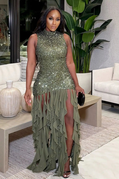 HLJ Sexy Sequin Patchwork Bodycon Dresses for Woman Mesh Shining Sleeveless Ruffle Dress Female Party Clubwear Vestidos 2025 New