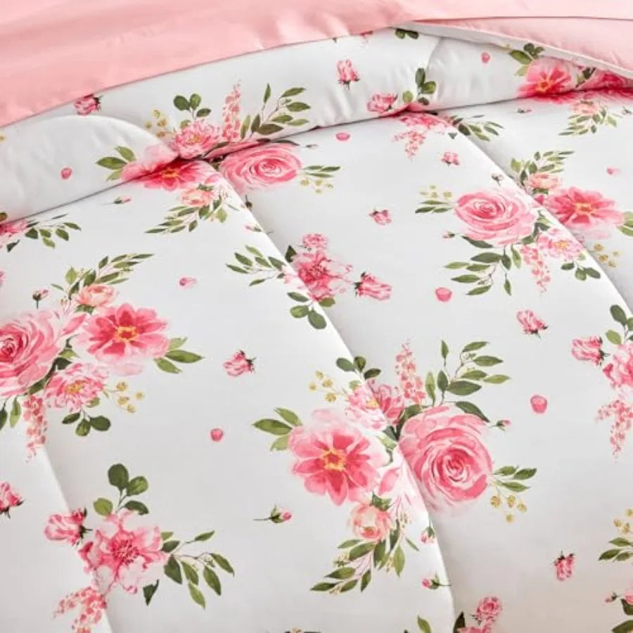 Elegant 7-Piece Queen Floral Bedding Set & 6-Piece Twin Comforter Set - Soft Microfiber, Reversible Pink & White Design