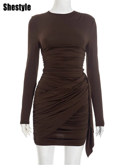 Shestyle Crew Neck Solid Slim Sheath Dress Women Long Sleeve Overlap Burgundy Elegant Casual Bodycon Outfits Office Lady 2026