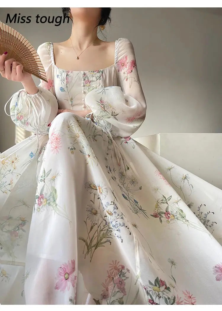 Summer Floral Print Dress Women Sexy French Style Vintage Party Midi Dresses Casual Korean Fashion Elegant Retro Dress 2024 New