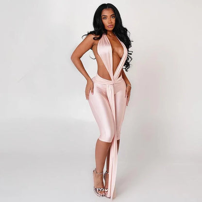 Sexy Halter V Neck Jumpsuits 2025 Women Summer Club Elegant Bodycon Luxury One Piece Party Shiny Jumpsuit Bodysuit Playsuit