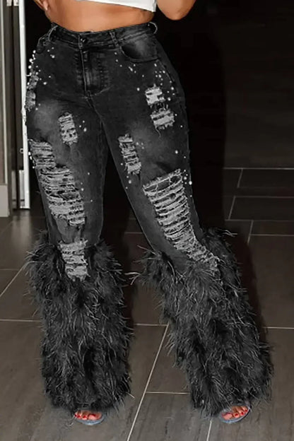 Tassel Holes Jeans Women's Vitnage Feather High Waist Y2K Streetwear Casual Denim Pant Spring Skinny Hollow Out Trousers