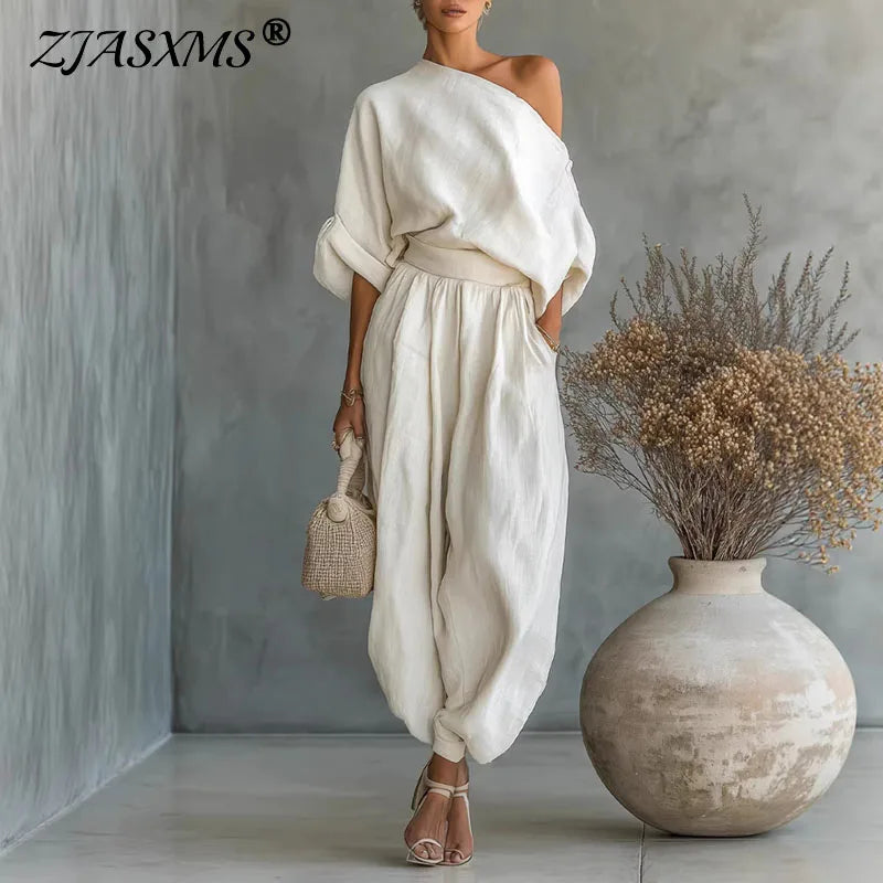 Elegant Skew Collar Long Sleeve Top & Casual Pants Set Woman Sexy Hollow Out Solid Suit Outfit Spring Fall Loose Female Clothing