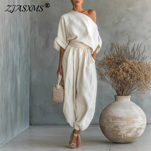 Elegant Skew Collar Long Sleeve Top & Casual Pants Set Woman Sexy Hollow Out Solid Suit Outfit Spring Fall Loose Female Clothing