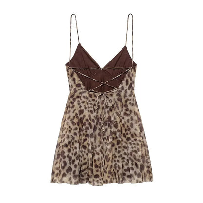 MUJER 2025 Tulle Mini Dress Woman Leopard Print Slip Dress Women Sexy Backless Short Dresses for Women Draped Party Dresses