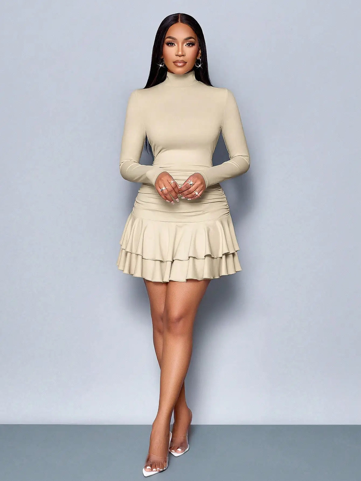 Winter Clothes For Women Dresses For Women Elegant Elegant Party Daytime Apricot Knitted High Neck Long Sleeves